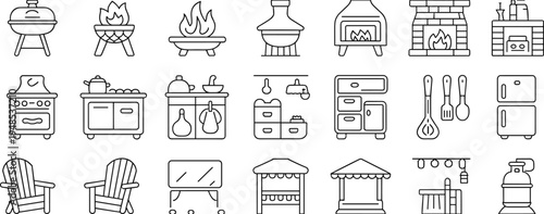 Cooking and kitchen icon set with barbecue grill, fireplace, utensils, stove, fridge, outdoor dining, home appliances, flat vector illustration