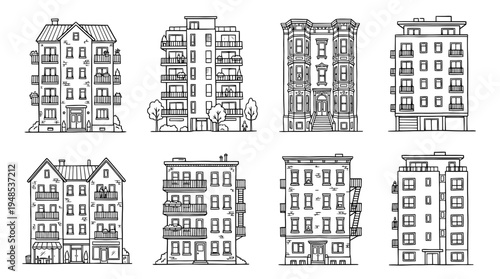 apartment building, Hand-drawn outline doodle sketches vector set collection , white background , PNG and SVG isolate