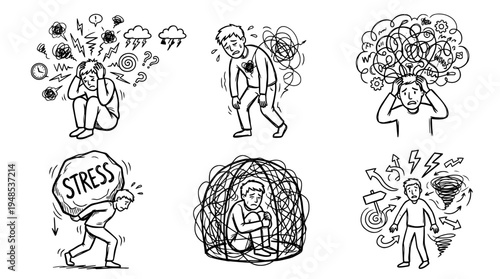 anxiety stress, Hand-drawn outline doodle sketches vector set collection , white background , PNG and SVG isolate