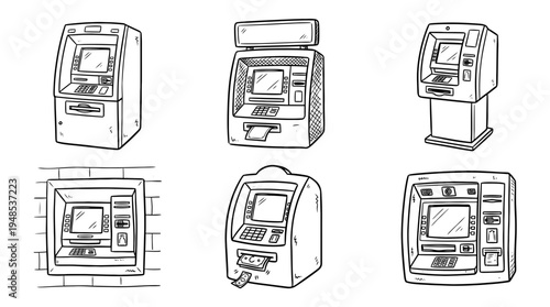 atm machine, Hand-drawn outline doodle sketches vector set collection , white background , PNG and SVG isolate