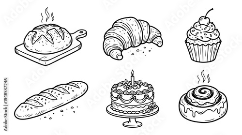 bakery, Hand-drawn outline doodle sketches vector set collection , white background , PNG and SVG isolate