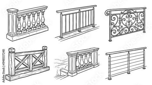 balustrade, Hand-drawn outline doodle sketches vector set collection , white background , PNG and SVG isolate
