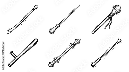 baton, Hand-drawn outline doodle sketches vector set collection , white background , PNG and SVG isolate