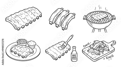 bbq ribs, Hand-drawn outline doodle sketches vector set collection , white background , PNG and SVG isolate