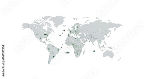 A world map illustration displays various green locations on a gray background.