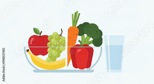 A vibrant still life of fruit and vegetables on a plate with a glass