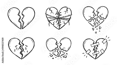 broken heart, Hand-drawn outline doodle sketches vector set collection , white background , PNG and SVG isolate