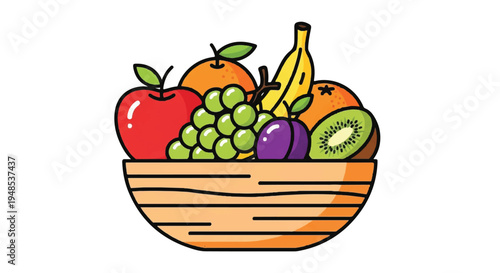 A vibrant illustration of a wooden bowl filled with various colorful fruits like apples, bananas, and kiwis.