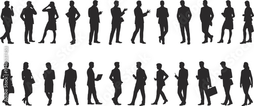 Corporate professionals silhouette set, flat vector illustration, business posture icons, office gesture collection, formal attire workplace graphics