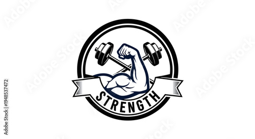 Strong arm with dumbbells and strength text