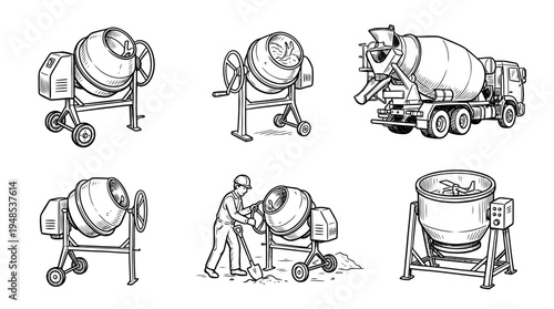 cement mixer, Hand-drawn outline doodle sketches vector set collection , white background , PNG and SVG isolate