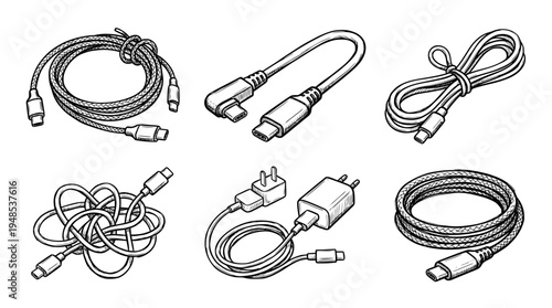 charging cable usbc, Hand-drawn outline doodle sketches vector set collection , white background , PNG and SVG isolate
