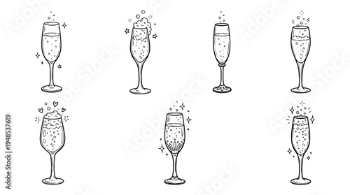 champagne flute, Hand-drawn outline doodle sketches vector set collection , white background , PNG and SVG isolate
