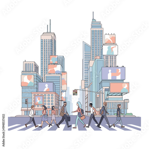 Diverse people crossing busy city street with modern skyscrapers and billboards
