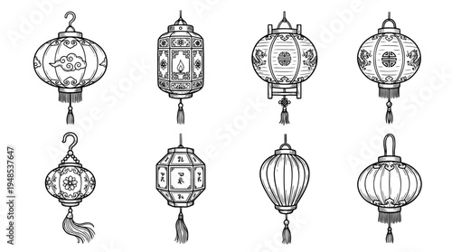 chinese lantern, Hand-drawn outline doodle sketches vector set collection , white background , PNG and SVG isolate