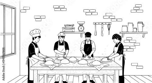 Artisanal baker kneading sourdough bread dough in sunlit kitchen with flour dust Vector 