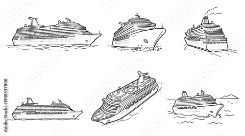 cruise ship, Hand-drawn outline doodle sketches vector set collection , white background , PNG and SVG isolate