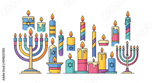 Colorful menorahs and dreidels are arranged on a table indoors.