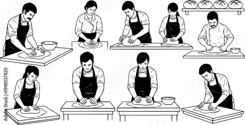 Artisanal baker kneading sourdough bread dough in sunlit kitchen with flour dust Vector 