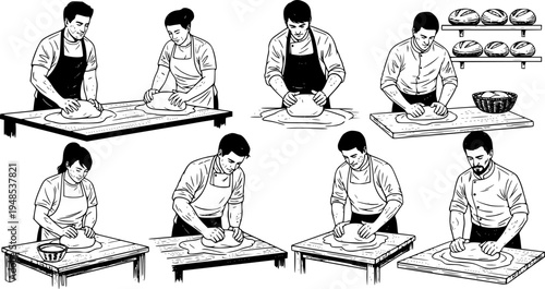 Artisanal baker kneading sourdough bread dough in sunlit kitchen with flour dust Vector 