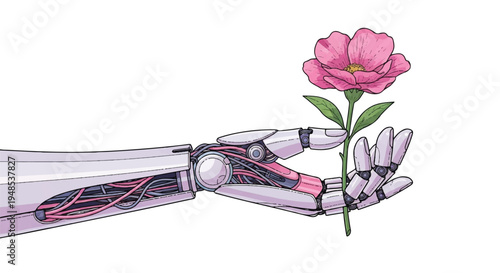 A robotic hand gently holds a delicate pink rose in its metallic fingers.