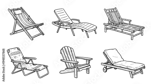 deck chair, Hand-drawn outline doodle sketches vector set collection , white background , PNG and SVG isolate