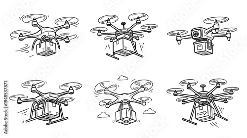 delivery drone, Hand-drawn outline doodle sketches vector set collection , white background , PNG and SVG isolate