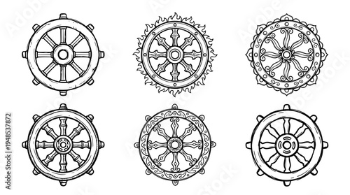 dharma wheel, Hand-drawn outline doodle sketches vector set collection , white background , PNG and SVG isolate