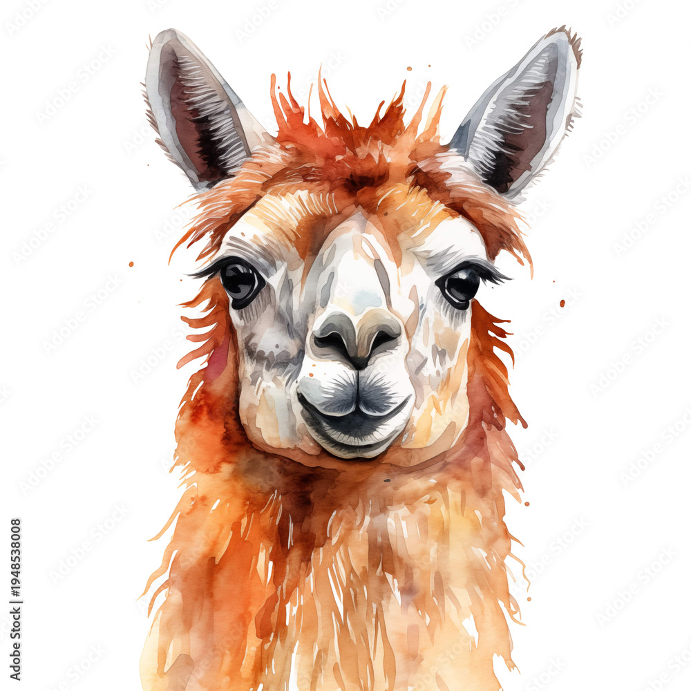 Fototapeta premium Adorable llama portrait in watercolor style illustration on white background
