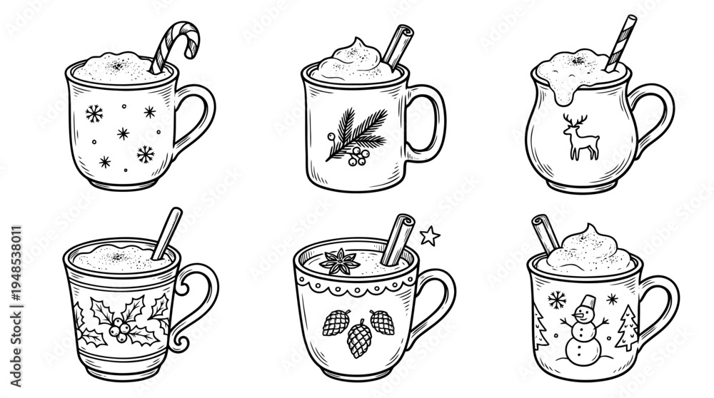 Obraz premium eggnog mug, Hand-drawn outline doodle sketches vector set collection , white background , PNG and SVG isolate