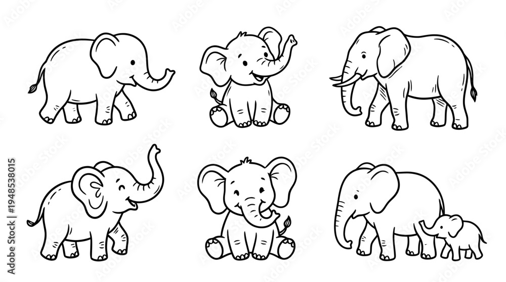 Fototapeta premium elephant, Hand-drawn outline doodle sketches vector set collection , white background , PNG and SVG isolate