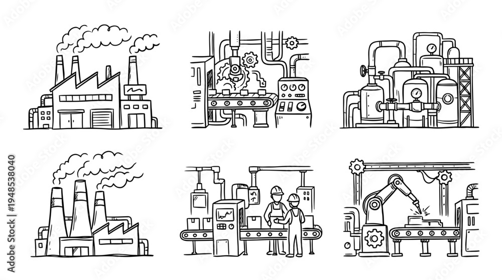 Obraz premium factory, Hand-drawn outline doodle sketches vector set collection , white background , PNG and SVG isolate