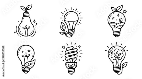 eco bulb, Hand-drawn outline doodle sketches vector set collection , white background , PNG and SVG isolate