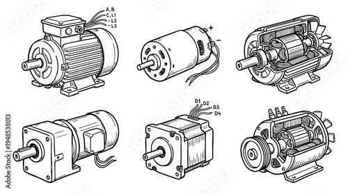 electric motor, Hand-drawn outline doodle sketches vector set collection , white background , PNG and SVG isolate
