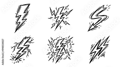 energetic lightning, Hand-drawn outline doodle sketches vector set collection , white background , PNG and SVG isolate