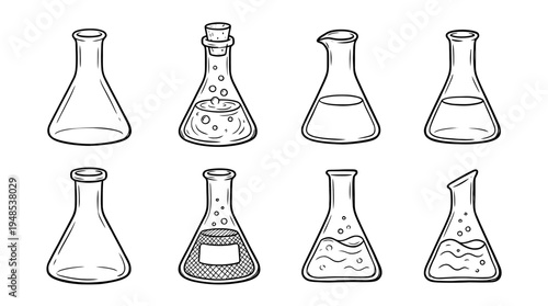 erlenmeyer flask, Hand-drawn outline doodle sketches vector set collection , white background , PNG and SVG isolate