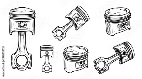 engine piston, Hand-drawn outline doodle sketches vector set collection , white background , PNG and SVG isolate