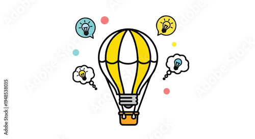 A hot air balloon floats gently amidst thought bubbles and colorful dots in the sky.