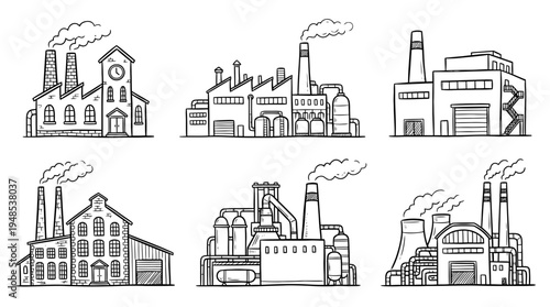factory building, Hand-drawn outline doodle sketches vector set collection , white background , PNG and SVG isolate