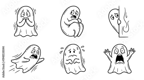 fearful ghost, Hand-drawn outline doodle sketches vector set collection , white background , PNG and SVG isolate
