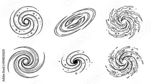 galaxy spiral, Hand-drawn outline doodle sketches vector set collection , white background , PNG and SVG isolate