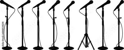 Collection of Silhouetted Microphones on Stands with Cables music audio