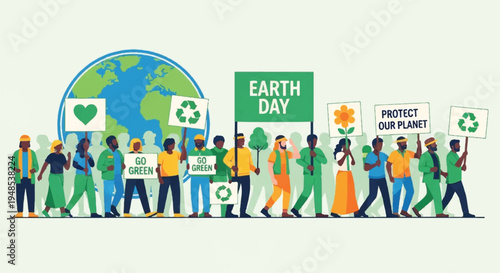 People celebrate Earth Day by marching with signs and protecting the planet outdoors together