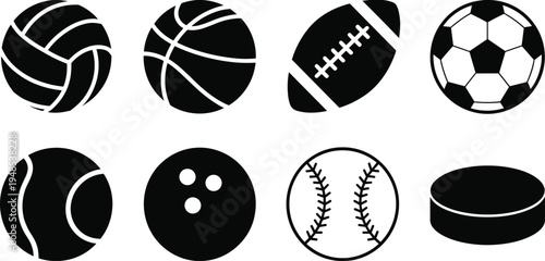 Collection of Black Silhouettes of Various Sports Balls and Puck on White Background equipment