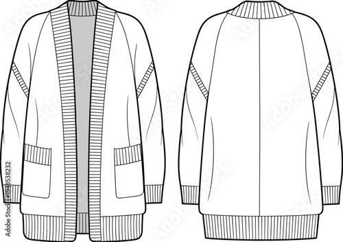 Cozy oversized cardigan sweater flat sketch, front and back view, ribbed cuff and hem detail, fashion cad vector illustration