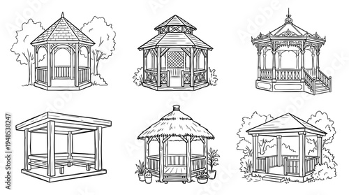 gazebo, Hand-drawn outline doodle sketches vector set collection , white background , PNG and SVG isolate
