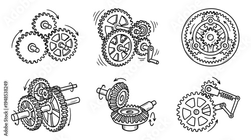 gear mechanism, Hand-drawn outline doodle sketches vector set collection , white background , PNG and SVG isolate