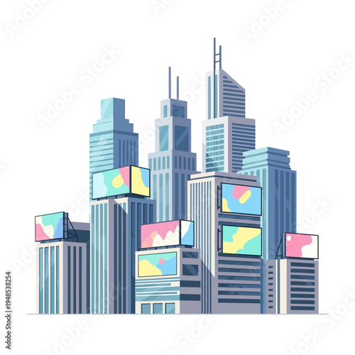 Modern city skyline with billboards advertising abstract art, urban landscape