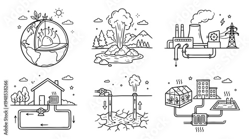 geothermal energy, Hand-drawn outline doodle sketches vector set collection , white background , PNG and SVG isolate