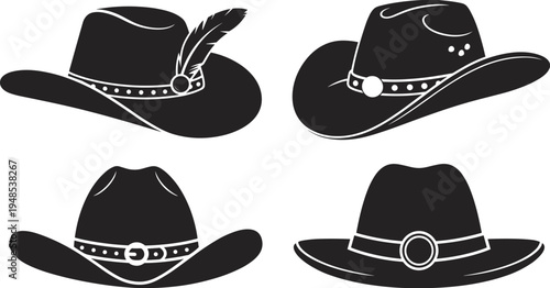 Four Black Silhouettes of Cowboy Hats with Decorative Bands and Feathers western wear